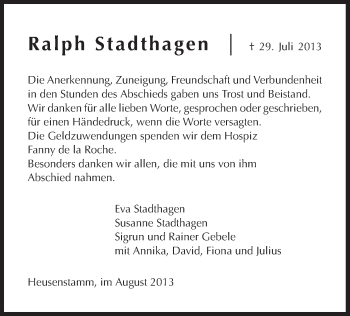 Traueranzeige von Ralph Stadthagen von Offenbach