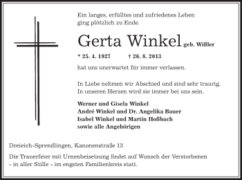 Traueranzeige von Gerta Winkel von Offenbach