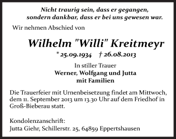 Traueranzeige von Wilhelm Kreitmeyr von Offenbach