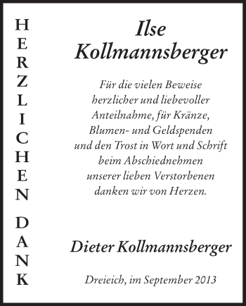 Traueranzeige von Ilse Kollmannsberger von Offenbach