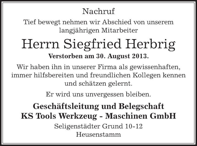  Traueranzeige für Siegfried Herbrig vom 04.09.2013 aus Offenbach