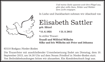 Traueranzeige von Elisabeth Sattler von Offenbach