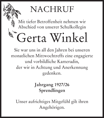 Traueranzeige von Gerta Winkel von Offenbach