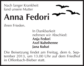 Traueranzeige von Anna Fedori von Offenbach