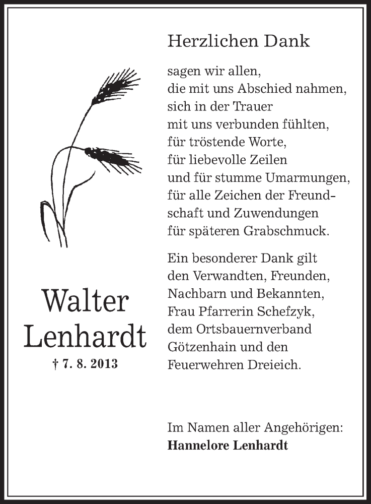  Traueranzeige für Walter Lenhardt vom 07.09.2013 aus Offenbach