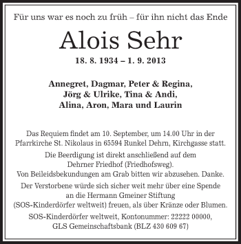 Traueranzeige von Alois Sehr von Offenbach