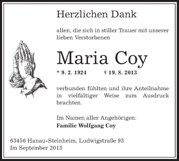 Traueranzeige von Maria Coy von Offenbach