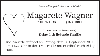 Traueranzeige von Magarete Wagner von Offenbach