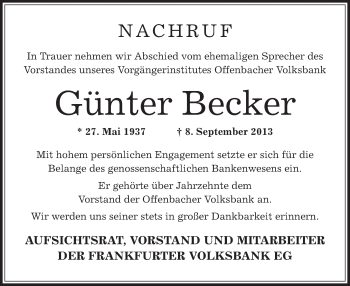 Traueranzeige von Günter Becker von Offenbach