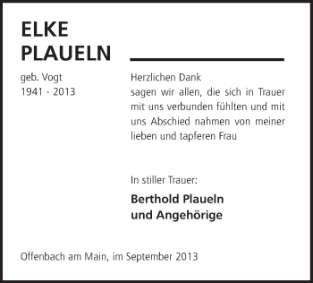 Traueranzeige von Elke Plaueln von Offenbach