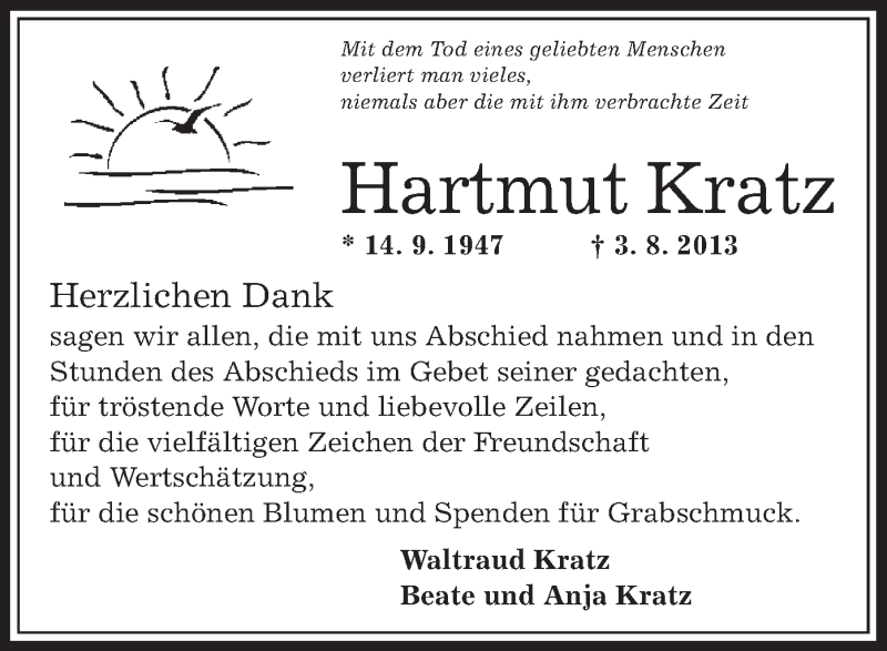  Traueranzeige für Hartmut Kratz vom 21.09.2013 aus Offenbach