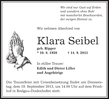 Traueranzeige von Klara Seibel von Offenbach