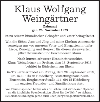 Traueranzeige von Klaus Wolfgang Weingärtner von Offenbach