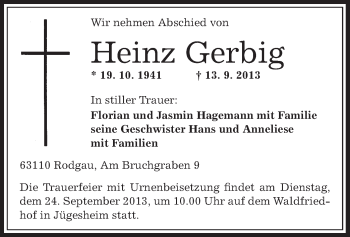 Traueranzeige von Heinz Gerbig von Offenbach