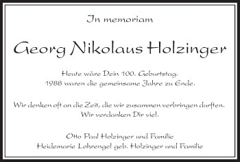 Traueranzeige von Georg Nikolaus Holzinger von Offenbach