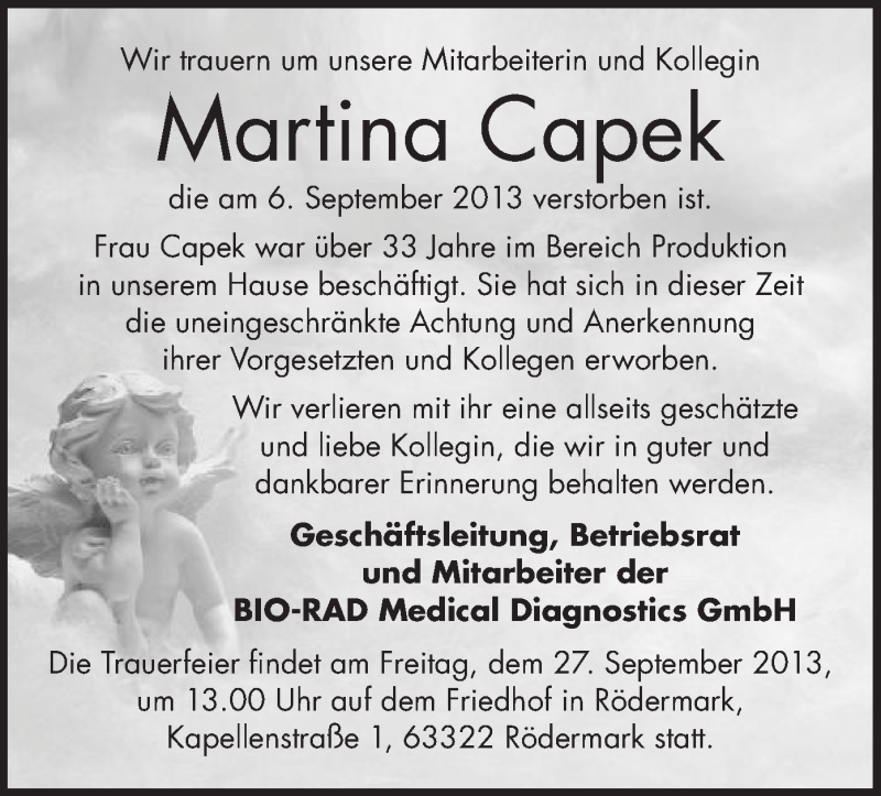  Traueranzeige für Martina Capek vom 21.09.2013 aus Offenbach