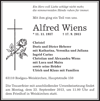 Traueranzeige von Alfred Wiens von Offenbach