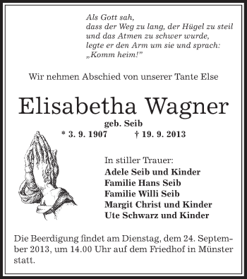 Traueranzeige von Elisabetha Wagner von Offenbach