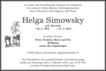 Traueranzeige von Helga Simowsky von Offenbach