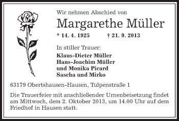 Traueranzeige von Margarete Müller von Offenbach