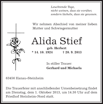 Traueranzeige von Alida Stief von Offenbach