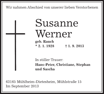 Traueranzeige von Susanne Werner von Offenbach