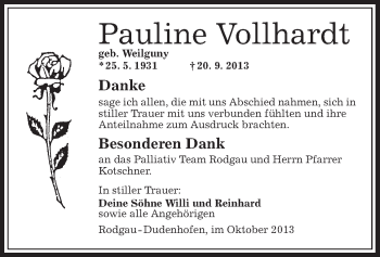 Traueranzeige von Pauline Vollhardt von Offenbach