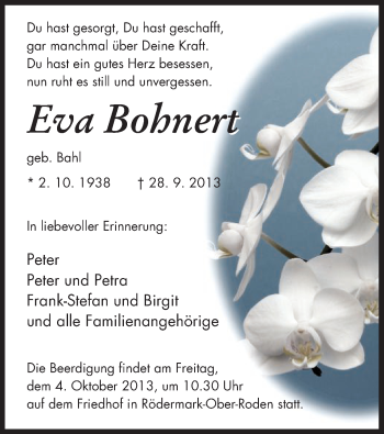 Traueranzeige von Eva Bohnert von Offenbach