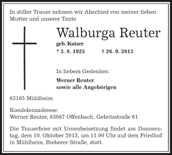 Traueranzeige von Walburga Reuter von Offenbach