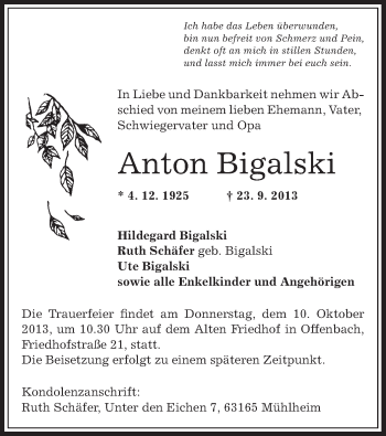 Traueranzeige von Anton Bigalski von Offenbach