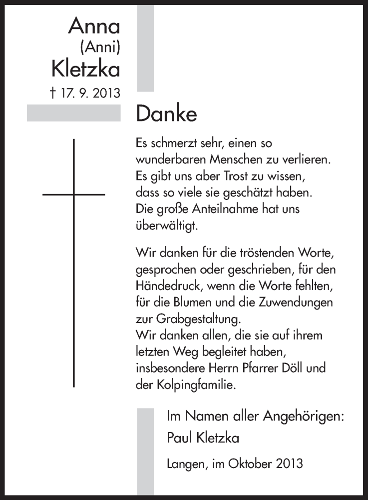  Traueranzeige für Anna Kletzka vom 08.10.2013 aus Offenbach