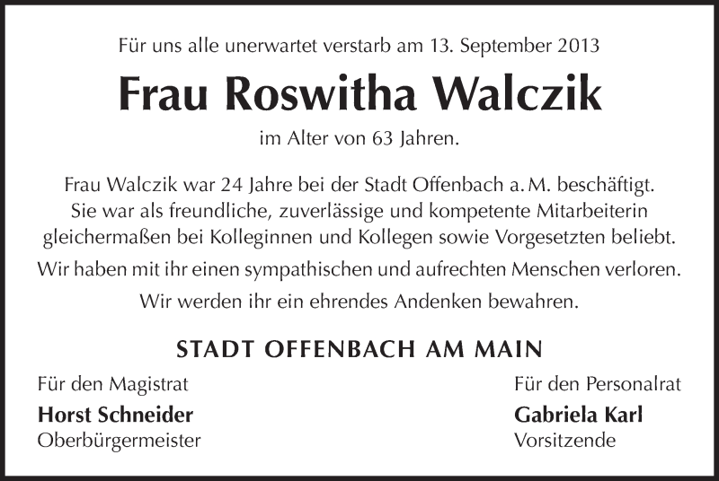  Traueranzeige für Roswitha Walczik vom 05.10.2013 aus Offenbach