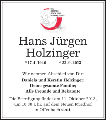 Traueranzeige von Hans Jürgen Holzinger von Offenbach