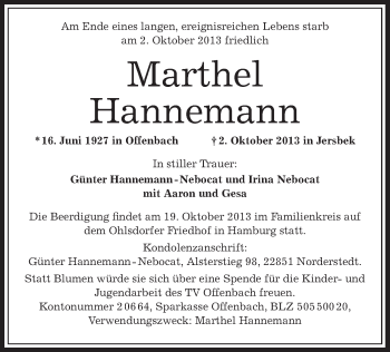 Traueranzeige von Marthel Hannemann von Offenbach