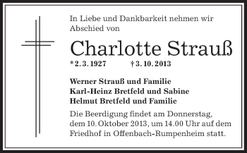 Traueranzeige von Charlotte Strauß von Offenbach