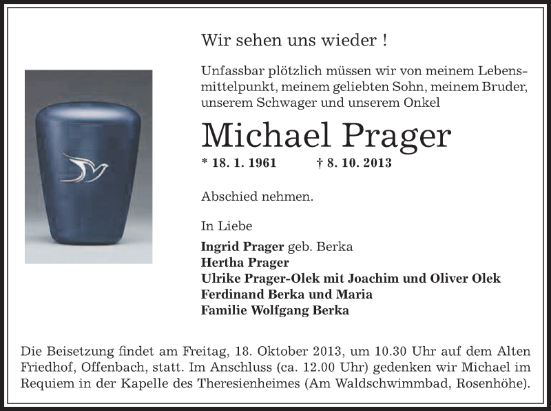  Traueranzeige für Michael Prager vom 12.10.2013 aus Offenbach