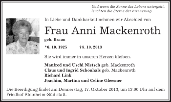 Traueranzeige von Anni Mackenroth von Offenbach