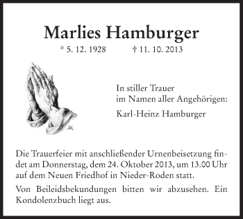 Traueranzeige von Marlies Hamburger von Offenbach