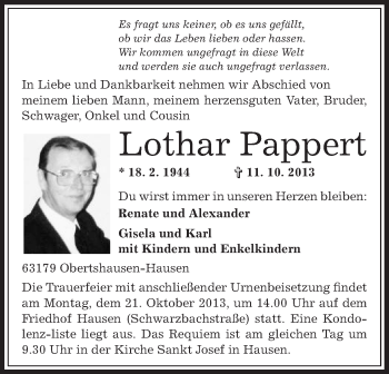 Traueranzeige von Lothar Pappert von Offenbach