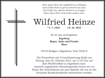 Traueranzeige von Wilfried Heinze von Offenbach