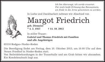 Traueranzeige von Margot Friedrich von Offenbach