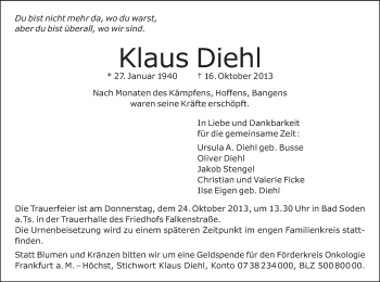 Traueranzeige von Klaus Diehl von Offenbach