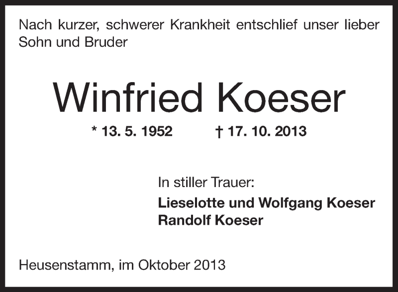  Traueranzeige für Winfried Koeser vom 23.10.2013 aus Offenbach