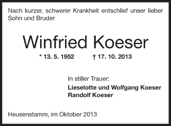 Traueranzeige von Winfried Koeser von Offenbach