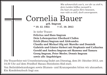 Traueranzeige von Cornelia Bauer von Offenbach