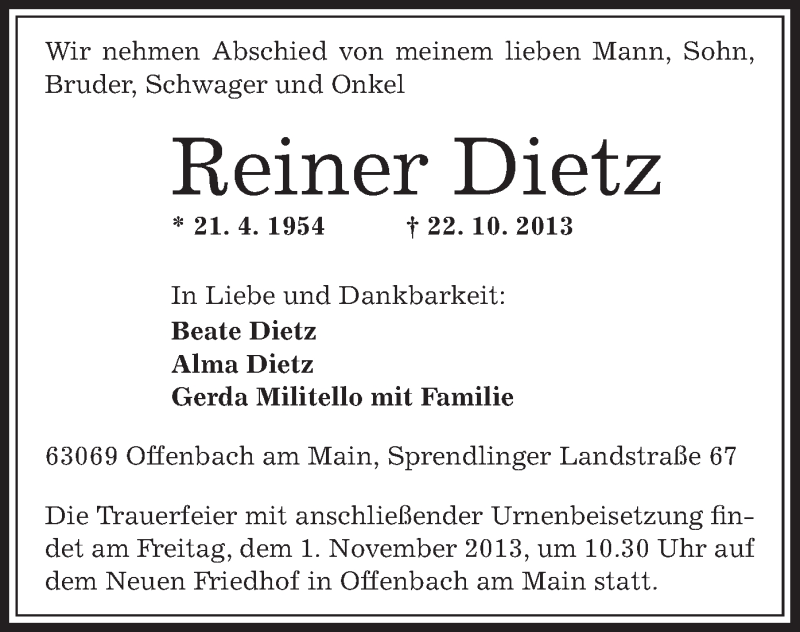  Traueranzeige für Reiner Dietz vom 26.10.2013 aus Offenbach