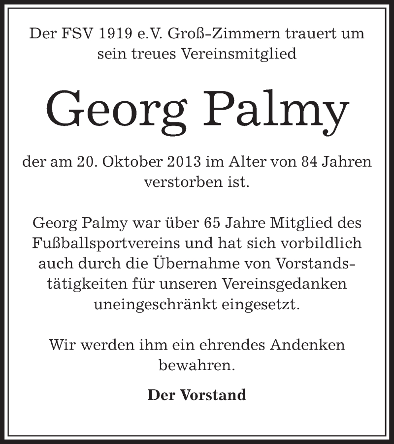  Traueranzeige für Georg Palmy vom 26.10.2013 aus Offenbach