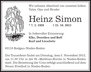 Traueranzeige von Heinz Simon von Offenbach