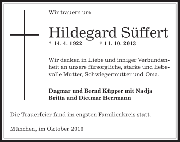 Traueranzeige von Hildegard Süffert von Offenbach