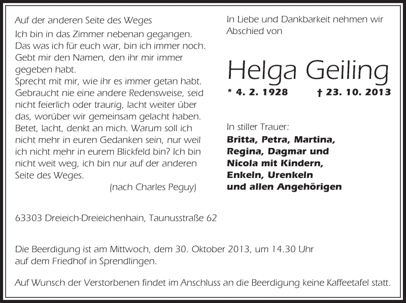  Traueranzeige für Helga Geiling vom 26.10.2013 aus Offenbach